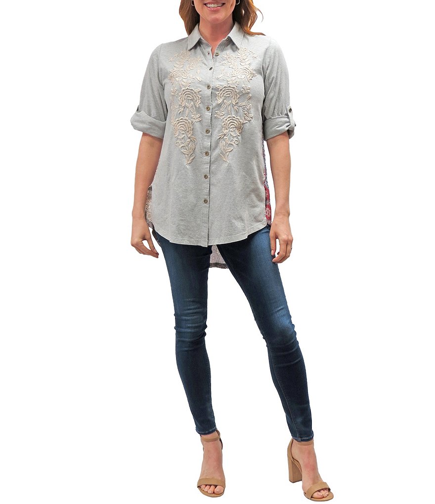 Karyn Seo Carla Embroidered Button Front Mixed Media Tunic