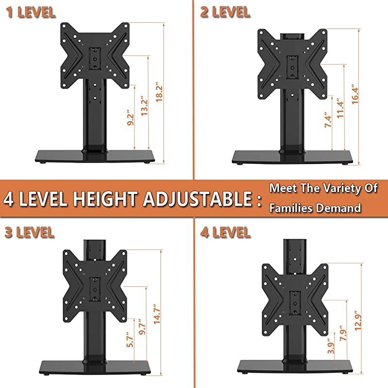 Swivel TV StandBase Table Top TV Stand for 19 to 39 inch TVs with 90 Degree Swivel 4 Level Height Adjustable Heavy Duty Tempered Glass Base Holds up to 99lbs HT02B001