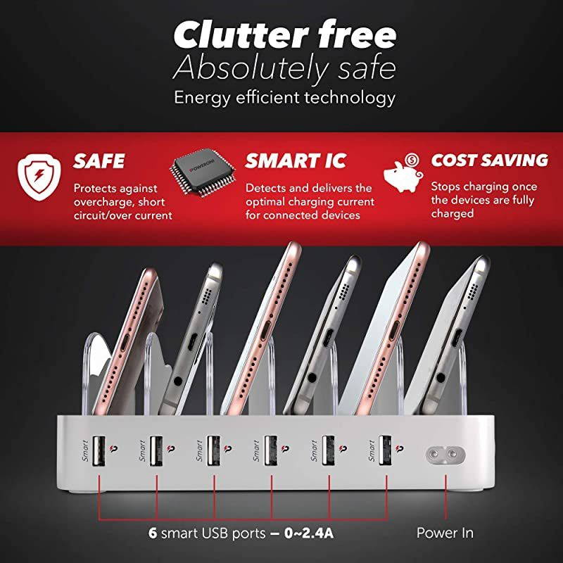 USB Charging Station Dock - Fast Charge Docking Station for Multiple Devices - Multi Device Charger Organizer - Compatible with Apple and Android (Silver 6-Port)