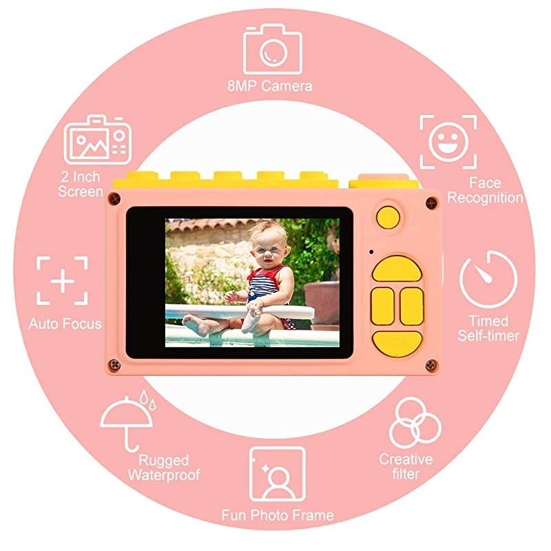 Waterproof Kids Camera Mini 8MP 1080P HD Camcorder with Free 16GB MicroSD Card Included and MicroSD Support Slot Video Taking Function and Preset Frames Pink