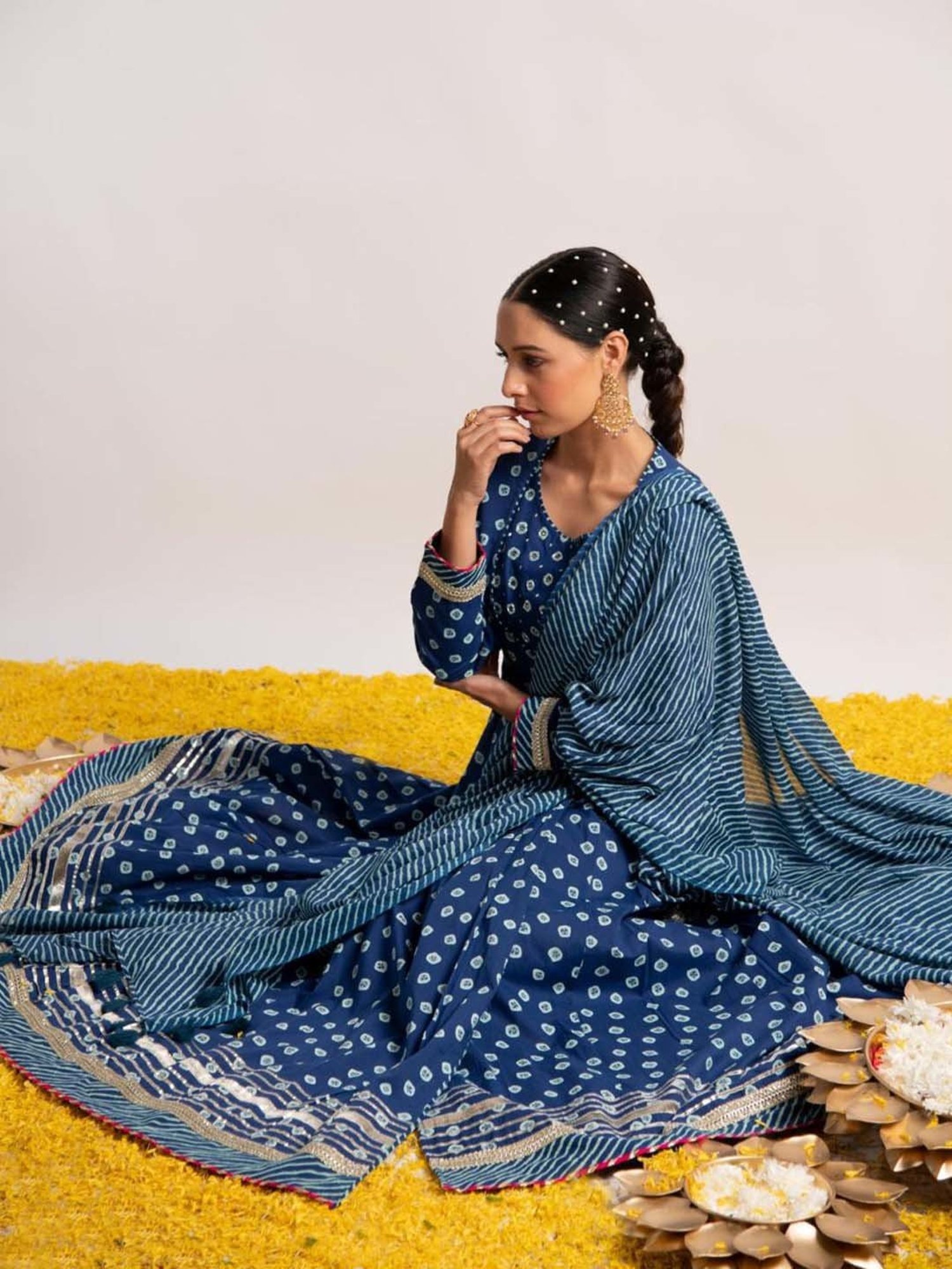 Ekohum Blue Bandhani Print Kalidaar with Leheriya Mulmul Dupatta