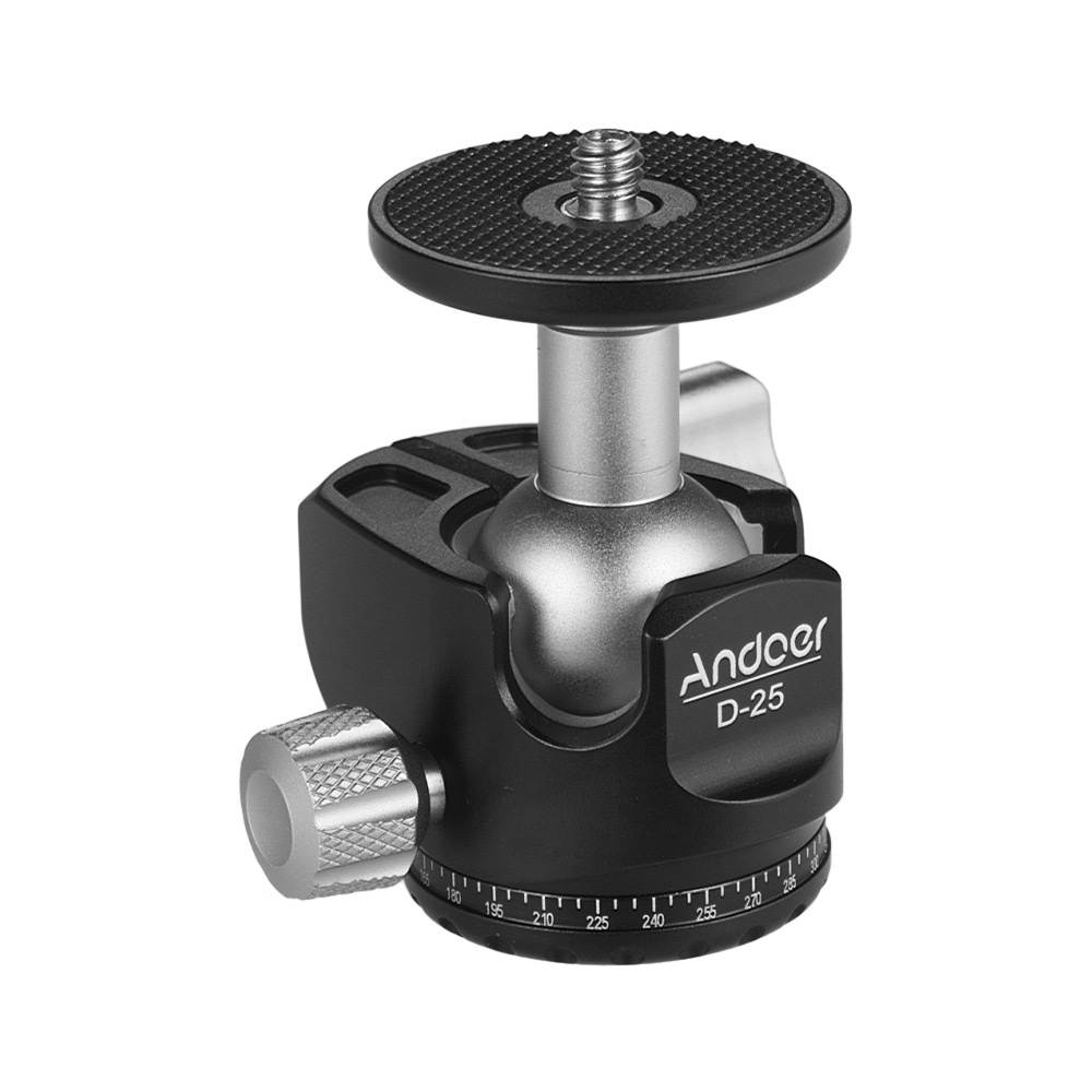 Andoer D-25 CNC Machining Aluminum Alloy Double Notch Ball Head Mini Ballhead Low Center of Gravity for Manfrotto etc Tripod Monopod for Canon Nikon Sony DSLR ILDC Cameras Max Load Capacity 10kg
