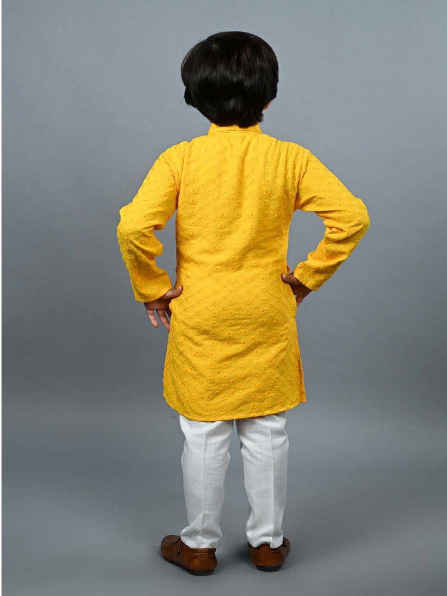 Ahhaaaa Kids Yellow & White Cotton Embroidered Full Sleeves Kurta Set