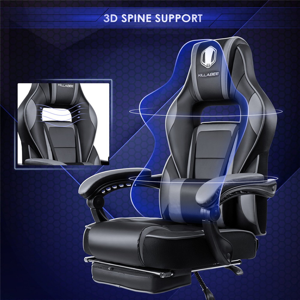 Massage Gaming Chair High Back PU Leather PC Racing Computer Desk Office Swivel Recliner with Retractable Footrest and Adjustable Lumbar Support