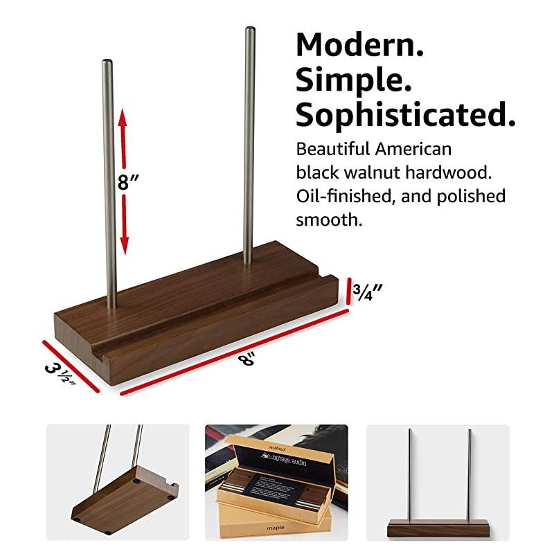 Tabletop Record Display Now Playing Vinyl Record Stand Modern Attractive Sculpted Hardwood Stainless Steel Holds Thick 2X Gatefold LPs Securely Walnut