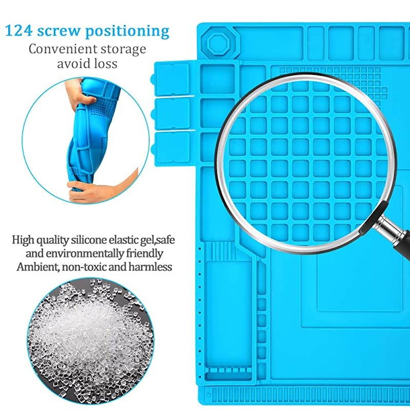 Heat Insulation Silicone Repair Mat with Scale Ruler and Screw Position, Electronics Repair Pad for Soldering Iron, Repair Watch,Phone and Computer Size:17.7 x 11.8 Inches - Blue