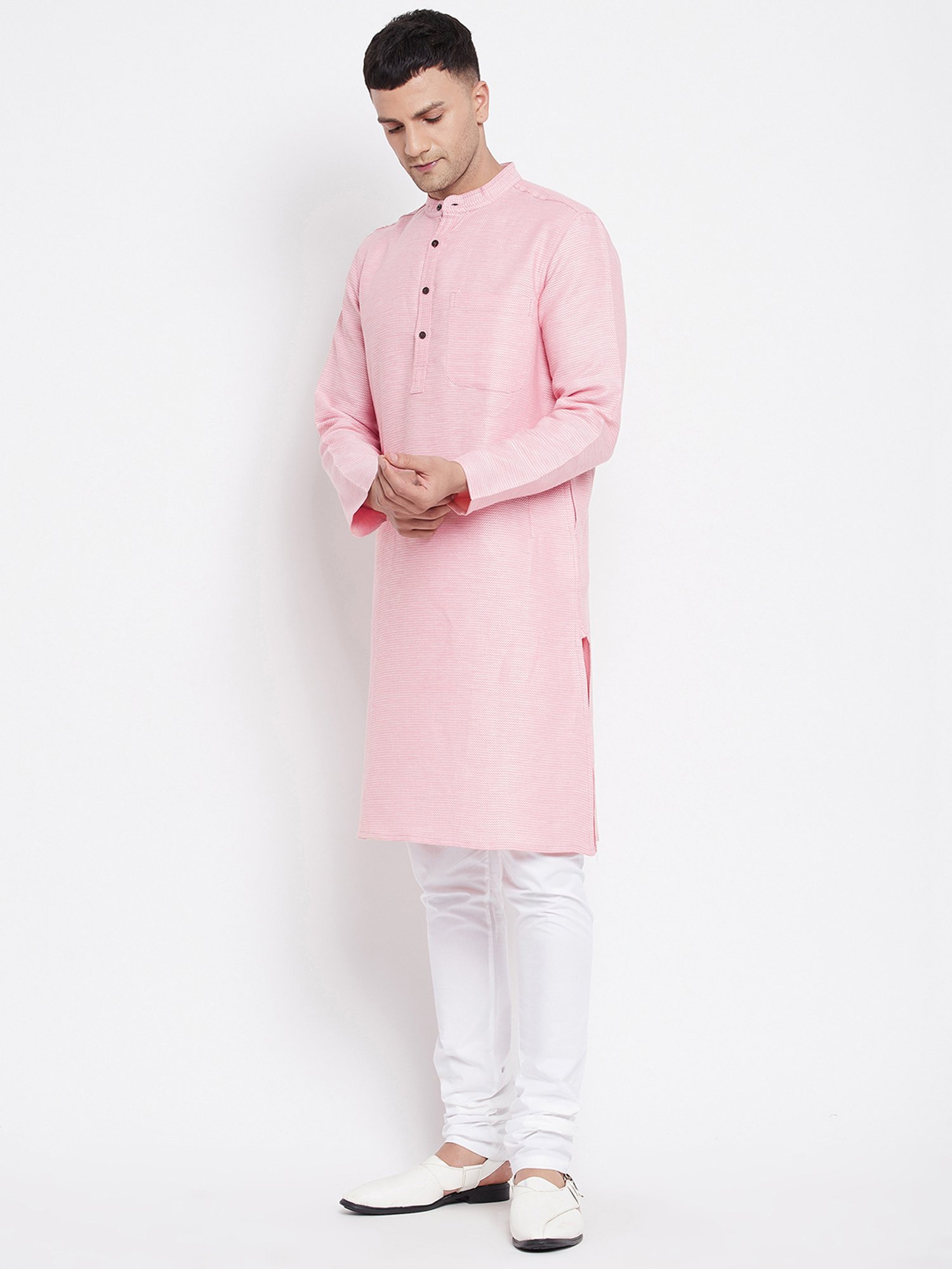Even Pink Self Design Mandarin Collar Kurta