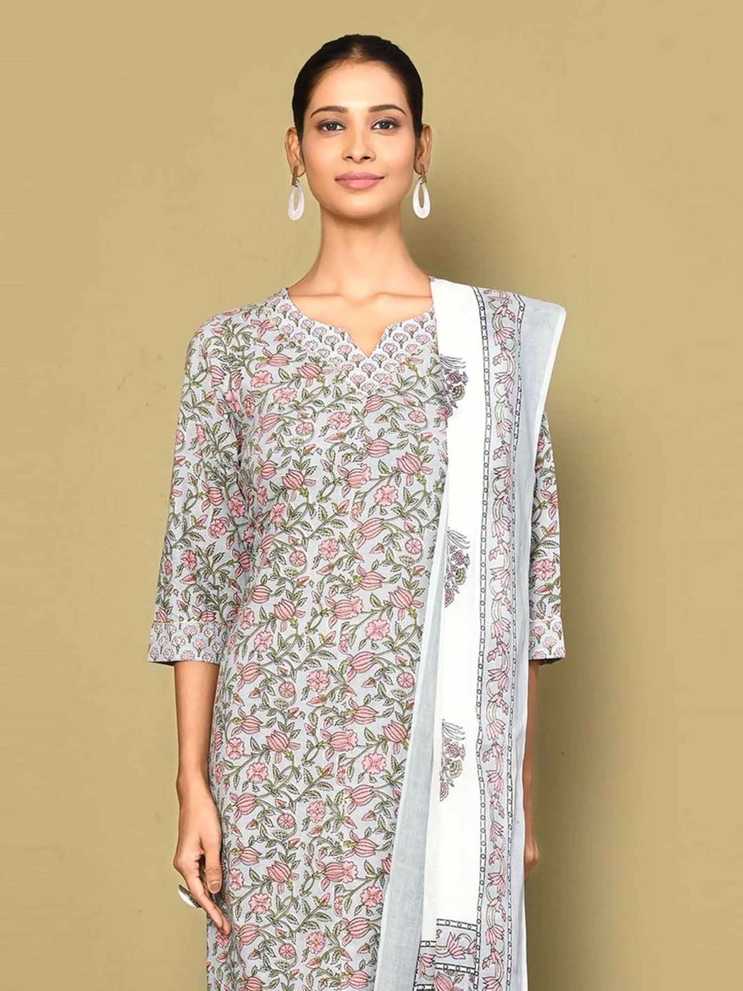 Miravan Blue Cotton Printed Kurta Palazzo Set With Dupatta