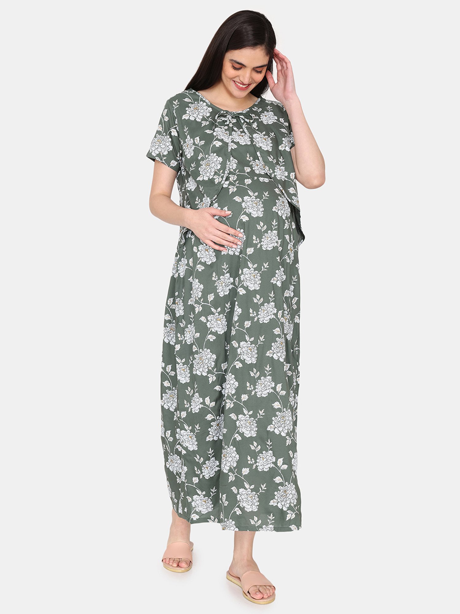 Coucou by Zivame Dark Green Printed Maternity Night Dress