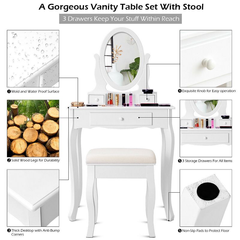 Costway White Vanity Table Jewelry Makeup Desk Bench Dresser Stool 3 Drawers