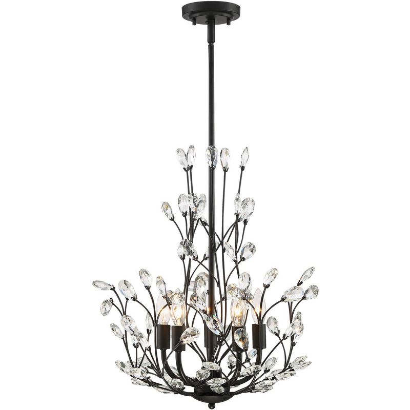 Regency Hill Aurine 18" Wide Matte Black and Crystal Floral 5-Light Chandelier