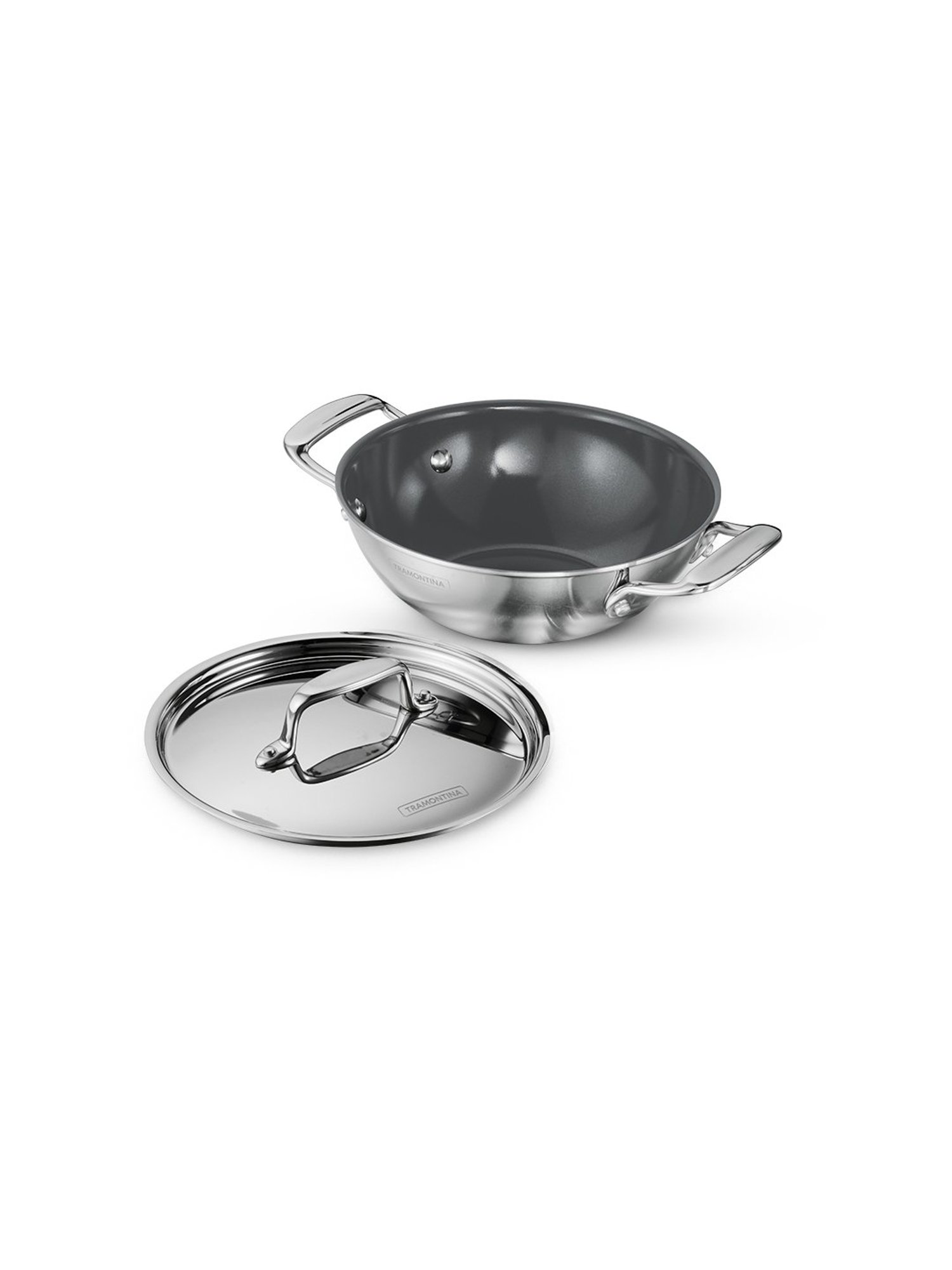 Tramontina Fusao Non-Toxic Triply Stainless Steel Ceramic Kadai with lid 20cm/1.7L Induction Base