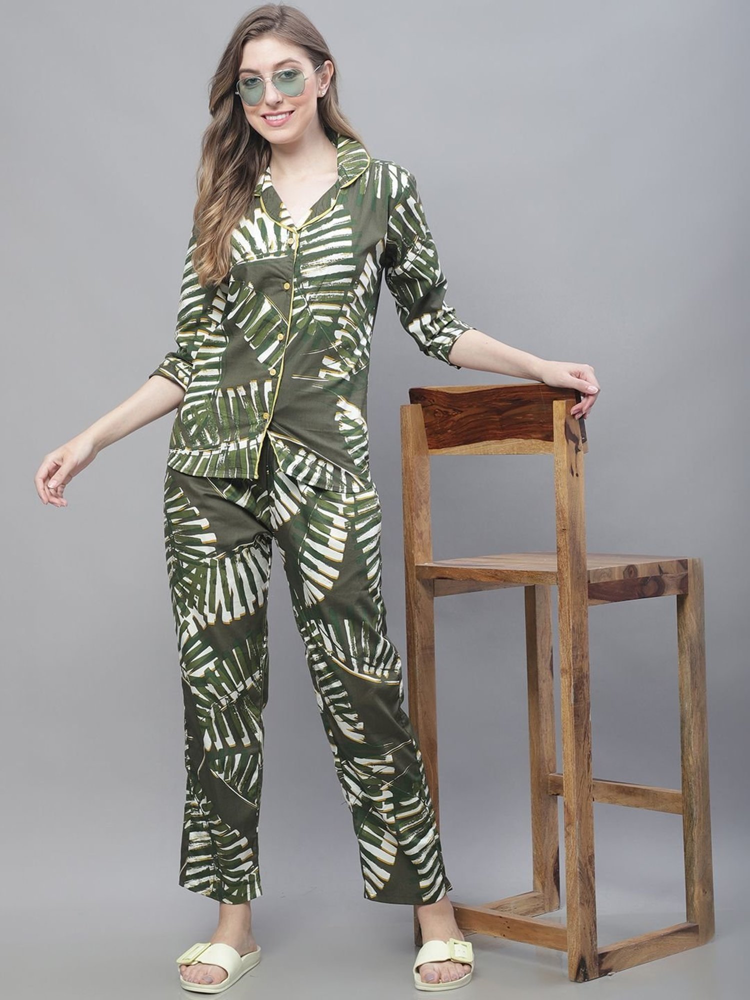 TAG 7 Green Cotton Printed Shirt Pyjama Set