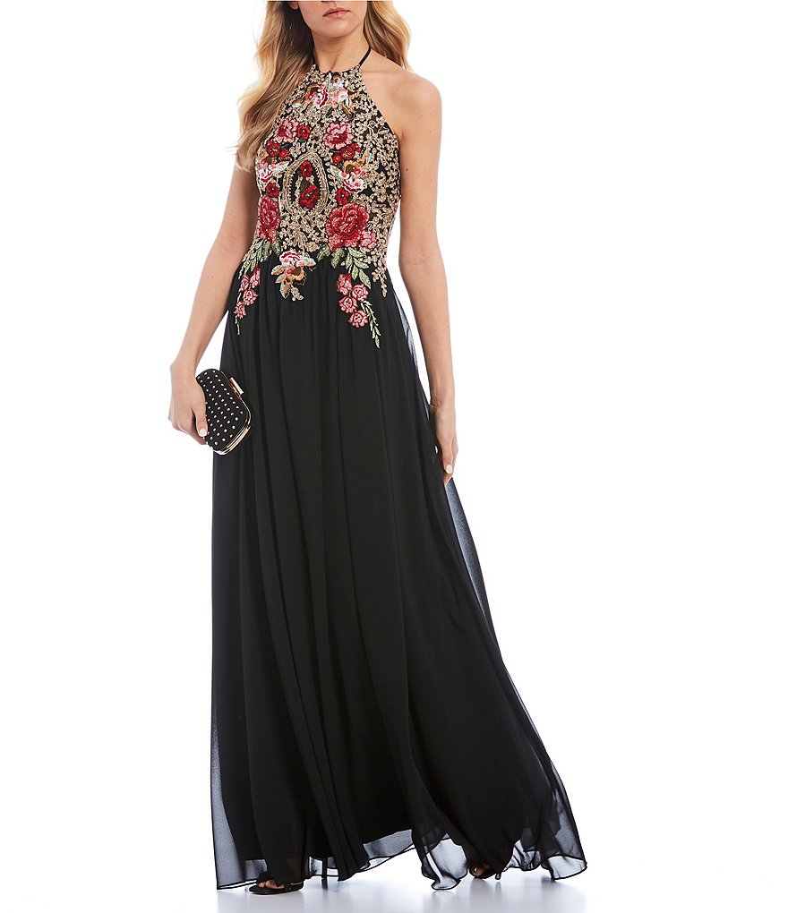 Blondie Nites Tie-Neck Floral Metallic Embroidered Long Dress