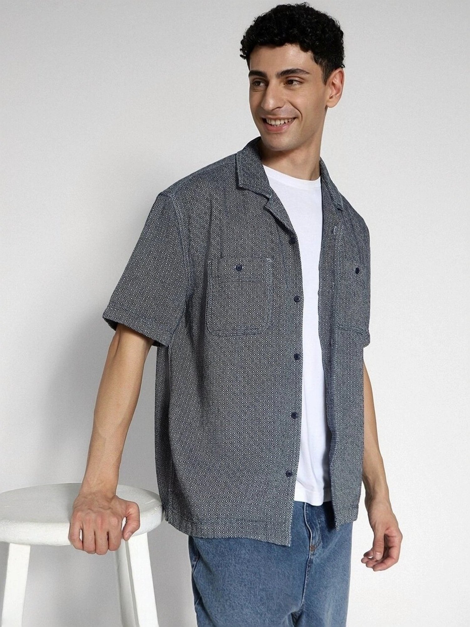 American Eagle Navy Cotton Regular Fit Printed Shirt