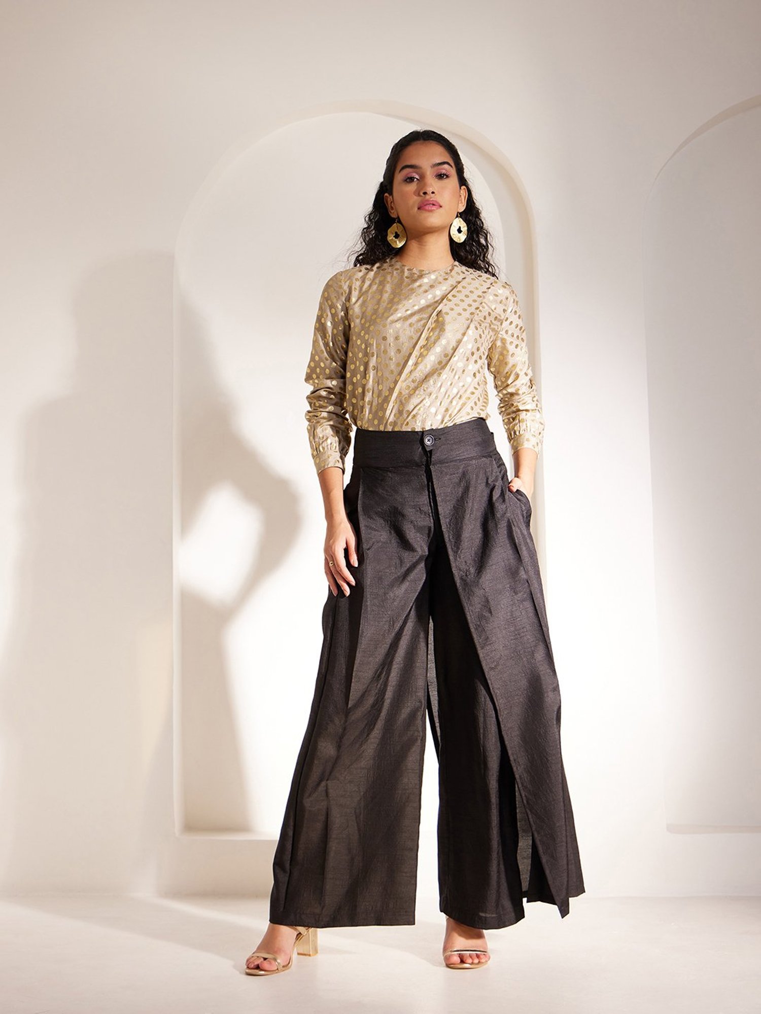 Fablestreet Beige & Gold Printed Top