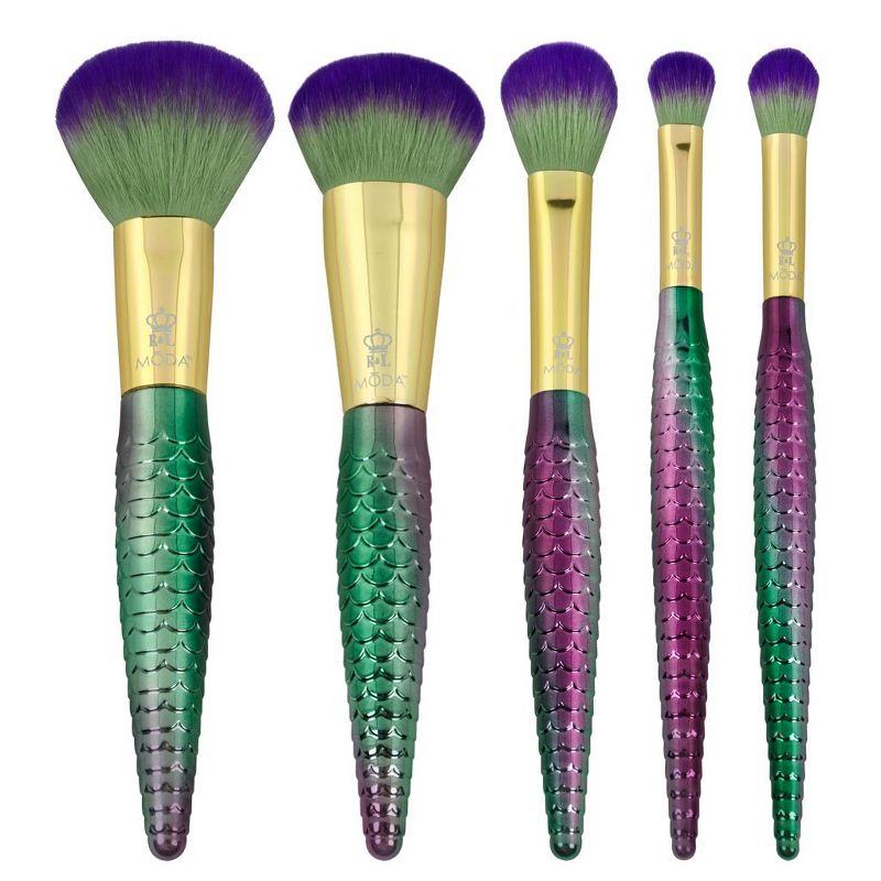 MODA Brush Mythical 6pc Sweet Siren Travel Makeup Brush Set with Holographic Flip Case, Includes - Powder, Highlight and Glow, Crease, and Eye Shader Brushes