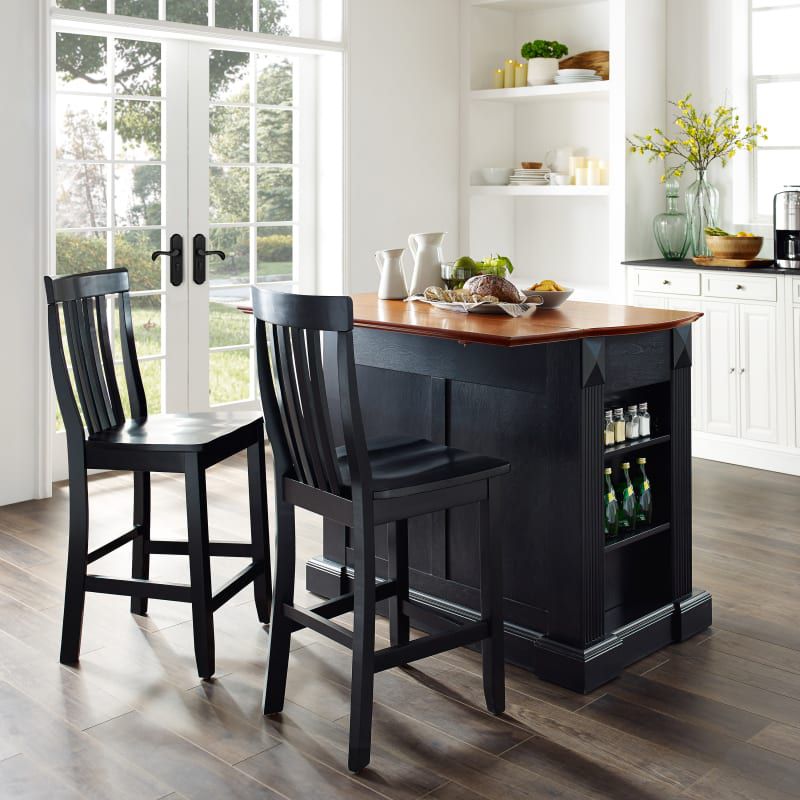 Crosley Drop Leaf Breakfast Bar Top Kitchen Island in Black Finish with 24" Black School House Stools