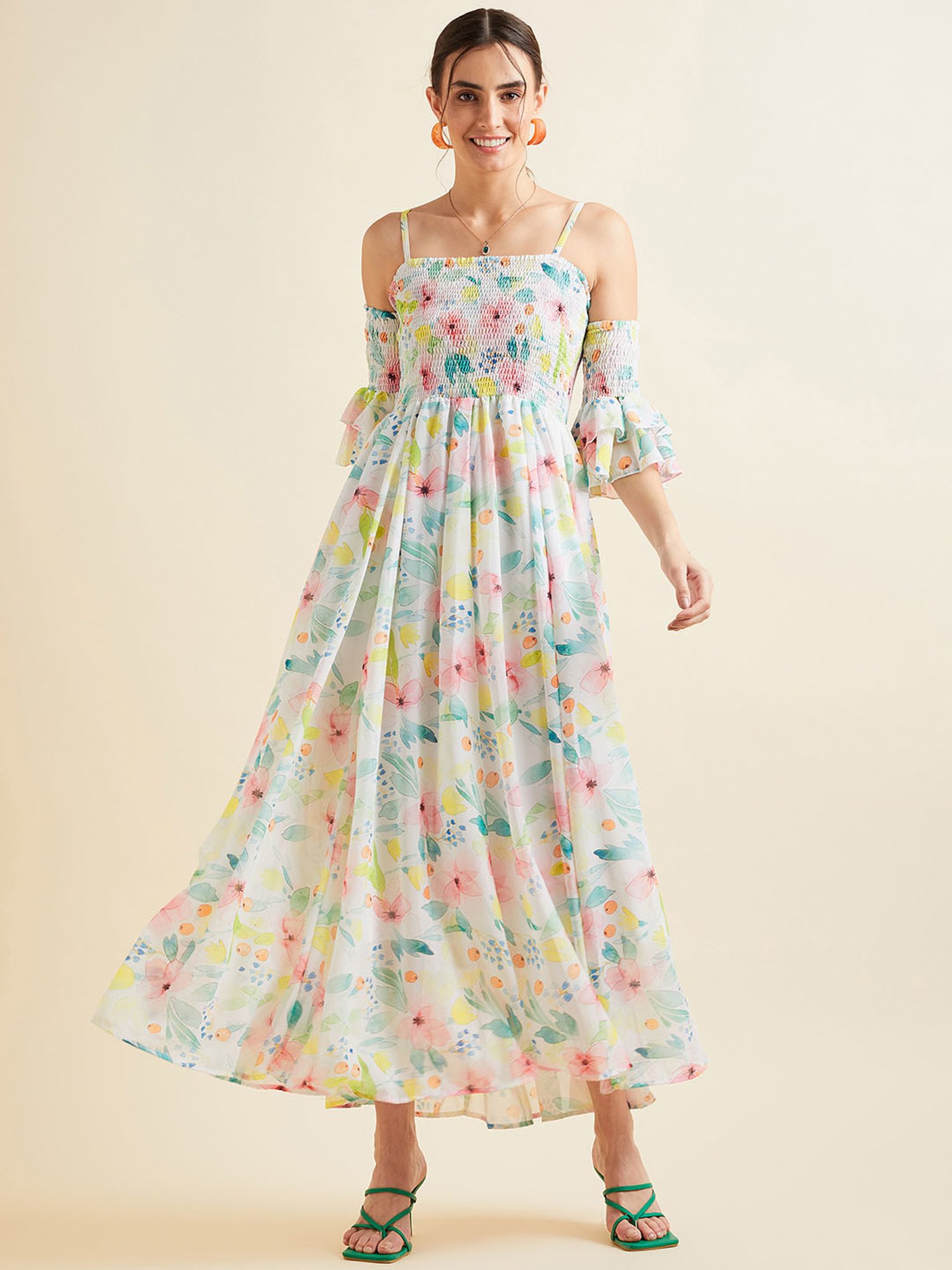 Saffron Threads Black Cotton Floral Print Ethnic Dress