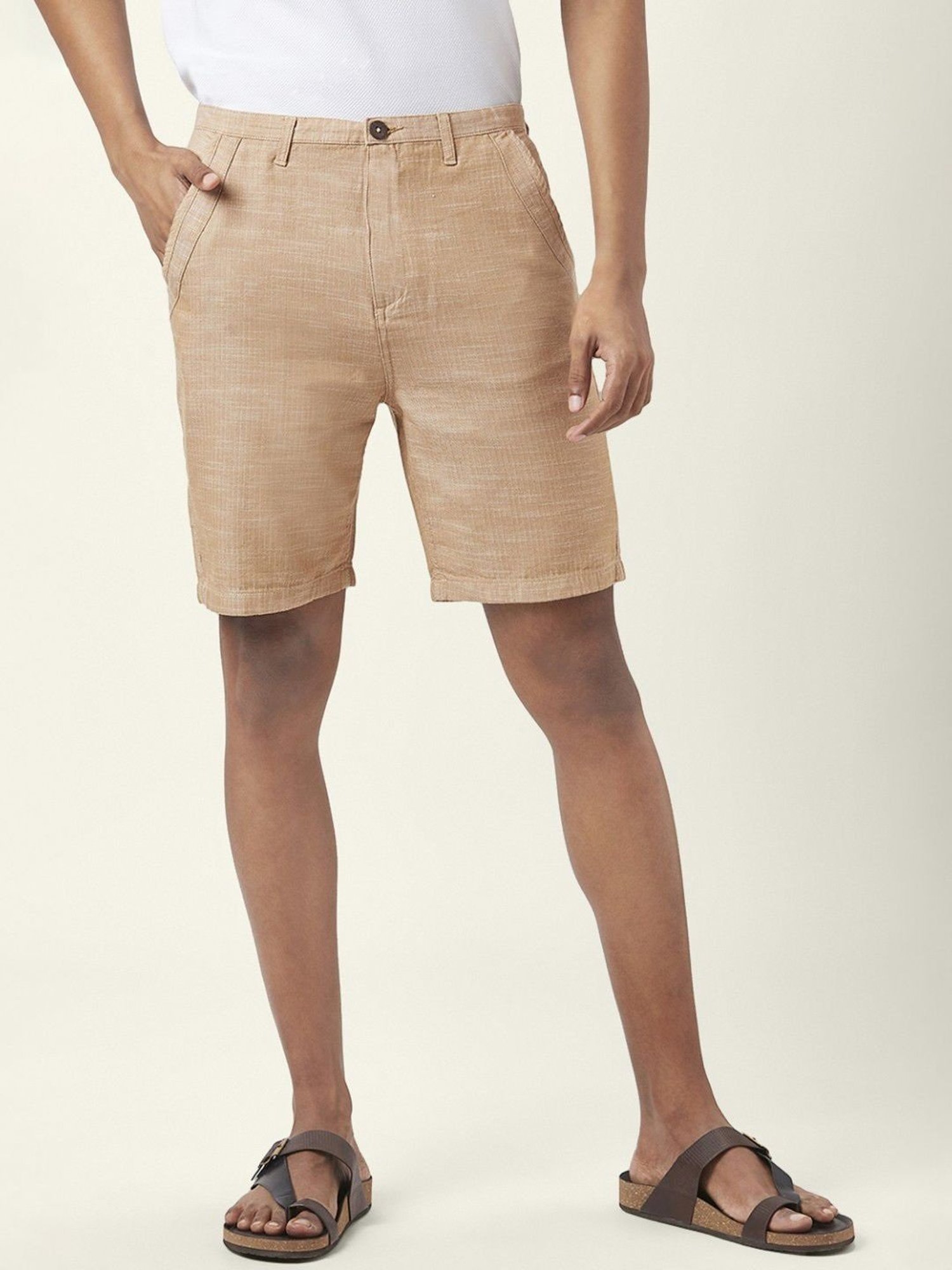 7 Alt By Pantaloons Beige Cotton Slim Fit Texture Shorts