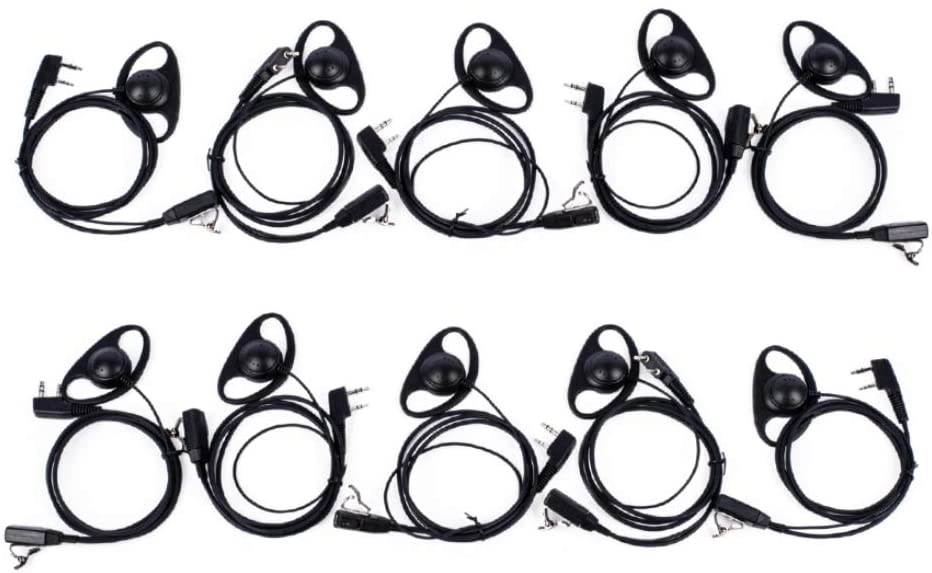 D Shape Earpiece Headset with Mic PTT Compatible with Baofeng UV-5R BF-888S BF-F8HP BF-F9 UV-82 UV-82HP UV-82C Kenwood TK-2107 TK-3107 Walkie Talkies Two Way Radio 2 pin (10 Pack)