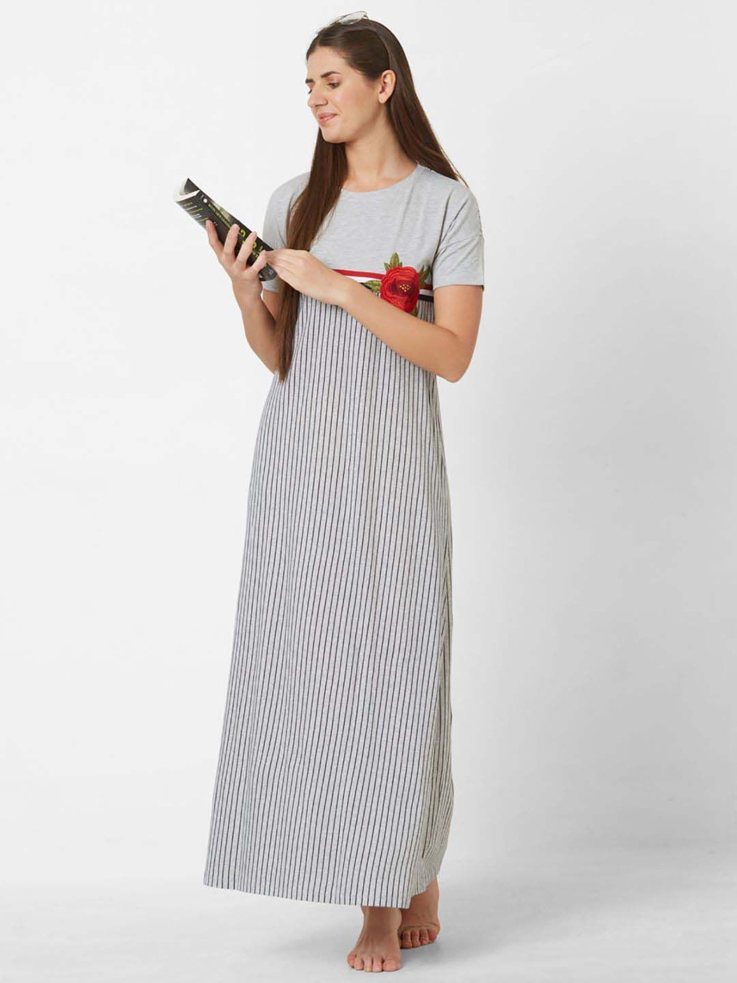 Sweet Dreams Grey Cotton Striped Nighty