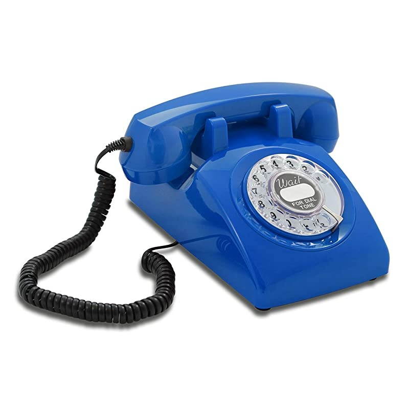 60s Cable with Classic United States Rotary Dial Inlay: Designer Retro Phone/Rotary Dial Telephone/Retro Style Phone/Vintage Telephone/Classic Desk Phone with Rotary Dialler (Blue)