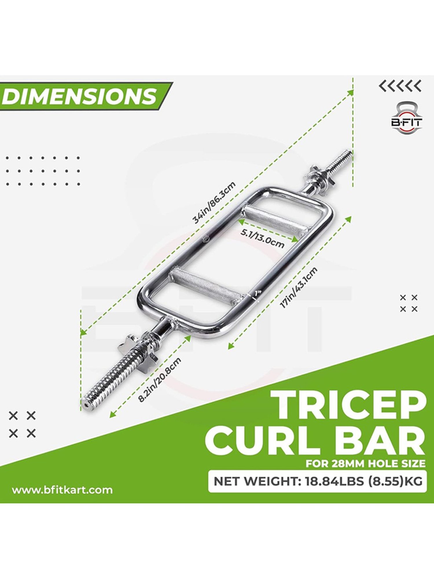 B Fit Threaded Solid Chrome Triceps Bar for Weightlifting and Bodybuilding Dia 28 mm (Silver)