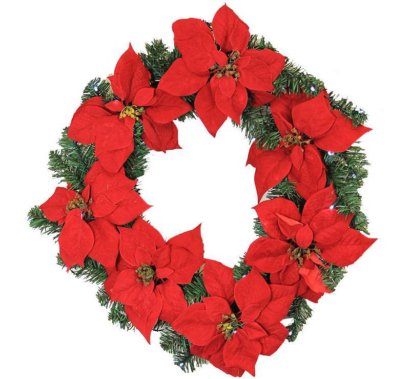 LB International 22" Prelit LED Red Artificial Poinsettia Christmas Wreath - Clear Lights