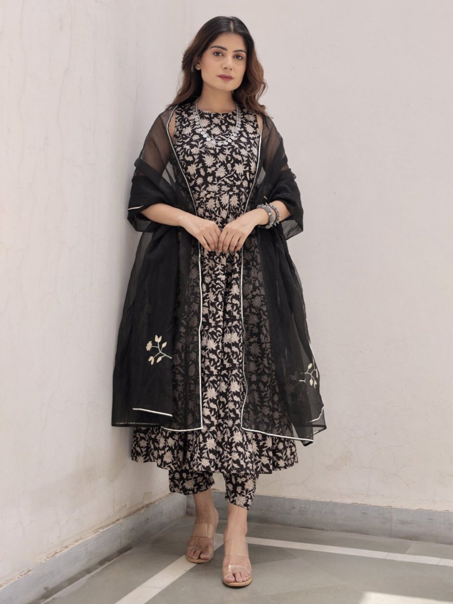 Asrumo Black Sukoon Summer Jaal Cotton Anarkali Kurta with Pant and Organza Gota Work Dupatta Set