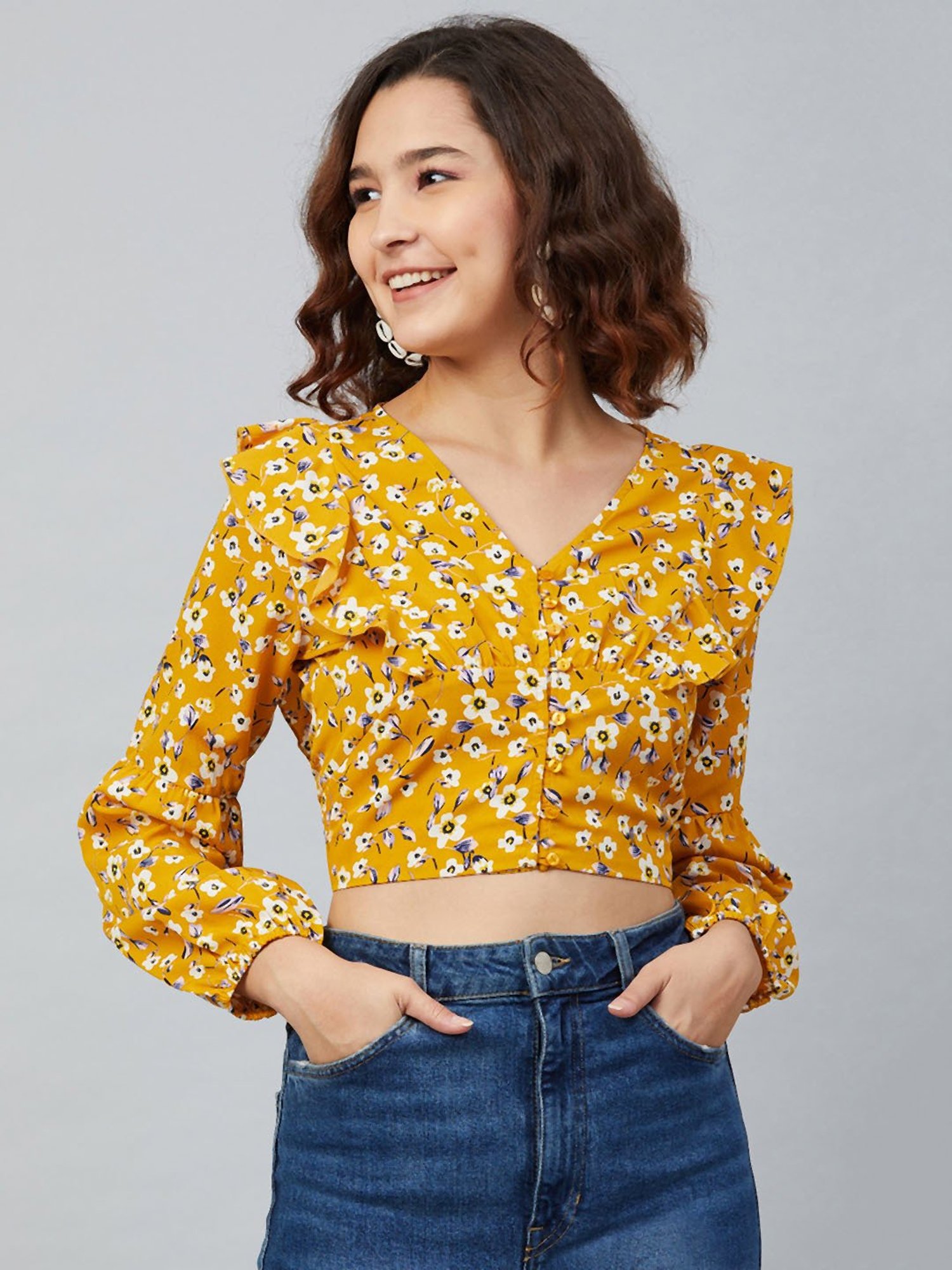 Marie Claire Mustard Floral Print Crop Top