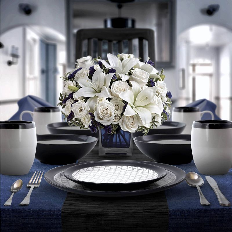 16pc Stoneware Pin Stripe Dinnerware Set Black/Gray - Elama