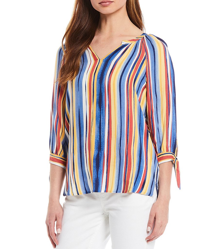 Westbound Sunrise Stripe Tie Sleeve Peasant Top