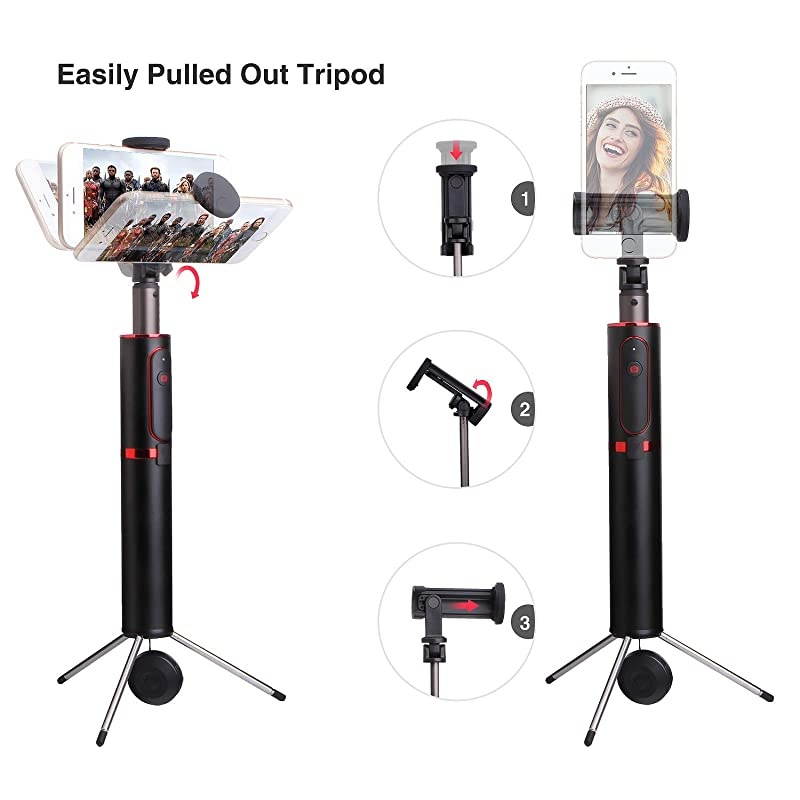 Stick Tripod Stand Bluetooth Tripod Stand Wireless Remote Compatible with Android Apple Cellphone Smartphone iPhone x Plus 6 7 8 S5 S6 S7 Google Huawei Black Red