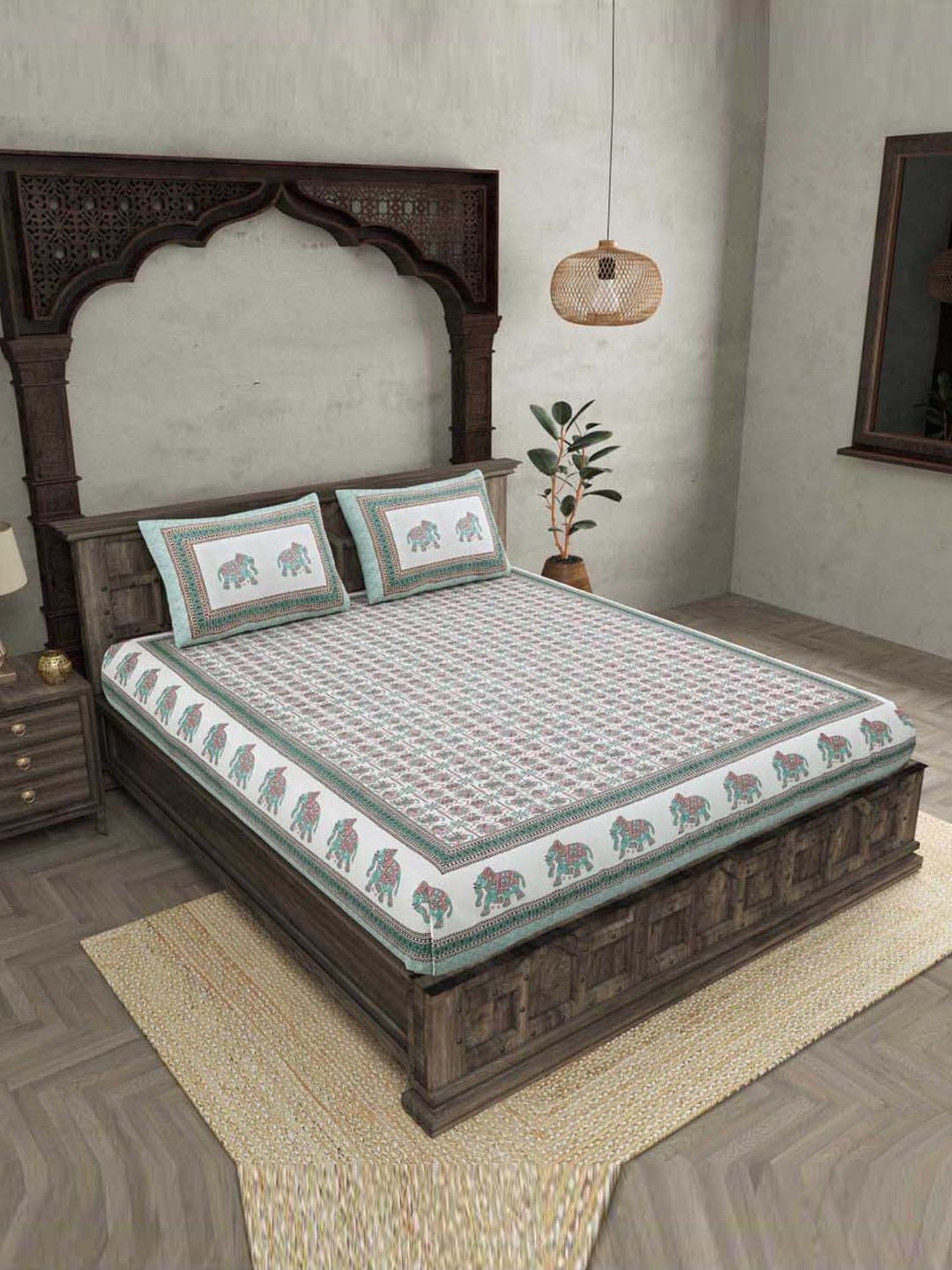 JaipurFabric Teal Cotton 180 TC Double Bedsheet with 2 Pillow Covers