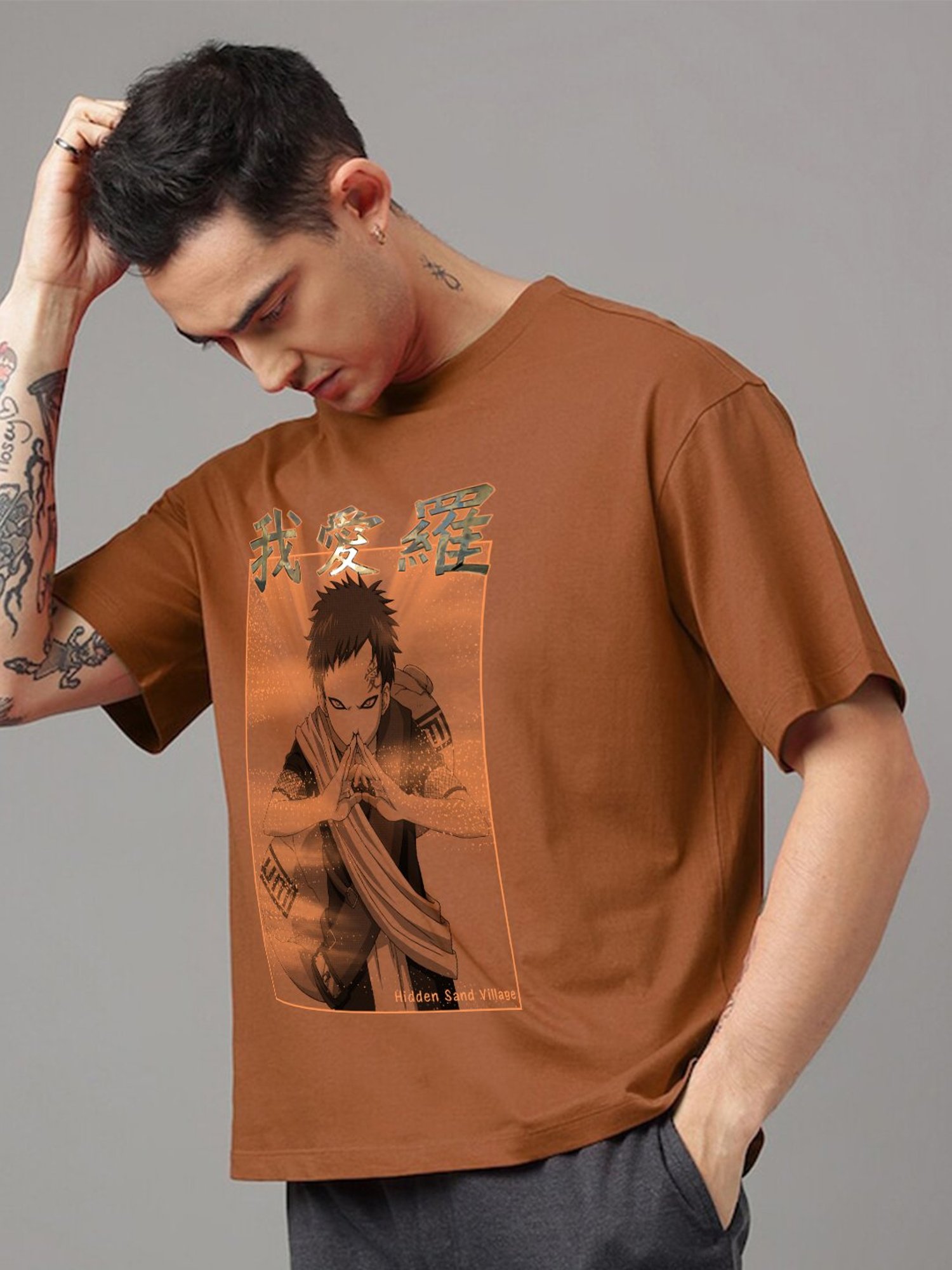 Free Authority Brown Loose Fit Naruto Printed Crew T-Shirt