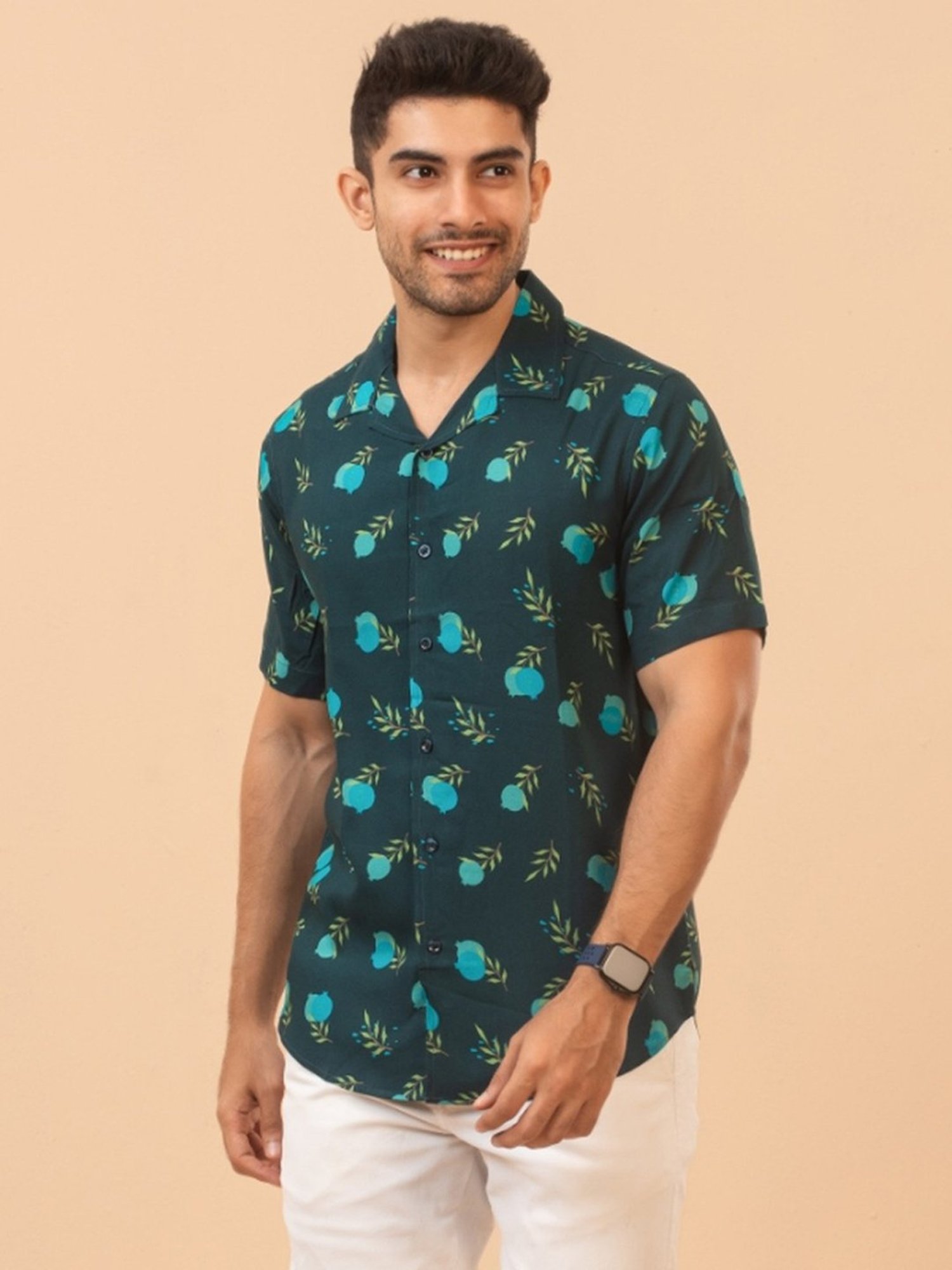 The Bleu Label Teal Cotton Slim Fit Printed Shirt