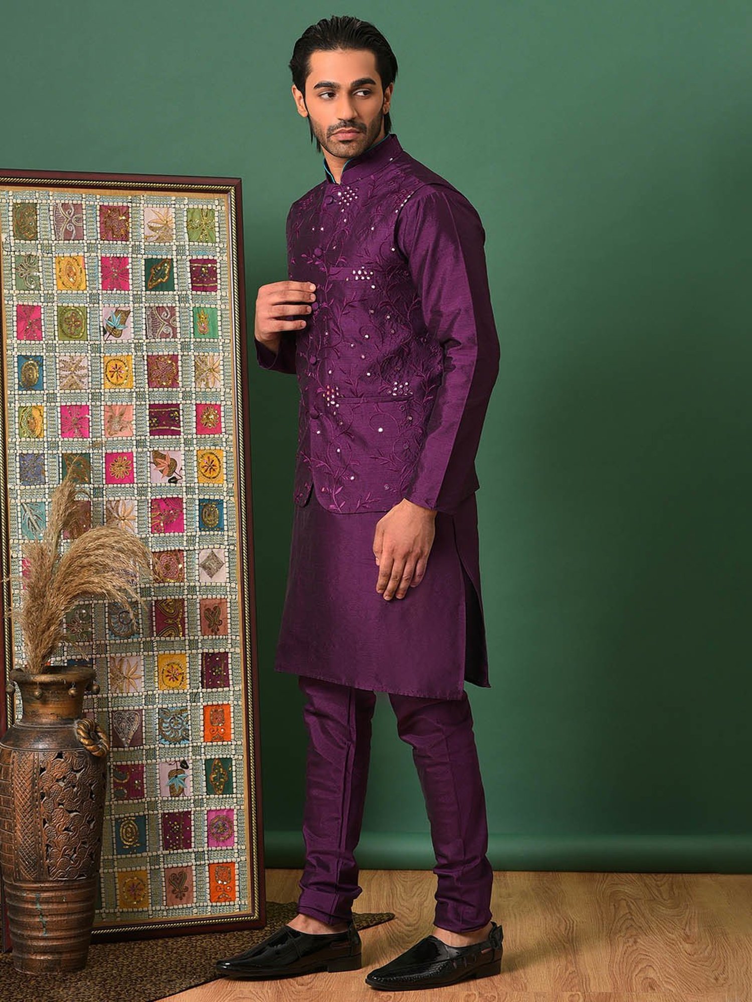 Hangup Dark Purple Regular Fit Embroidered Kurta & Pyjamas With Nehru Jacket