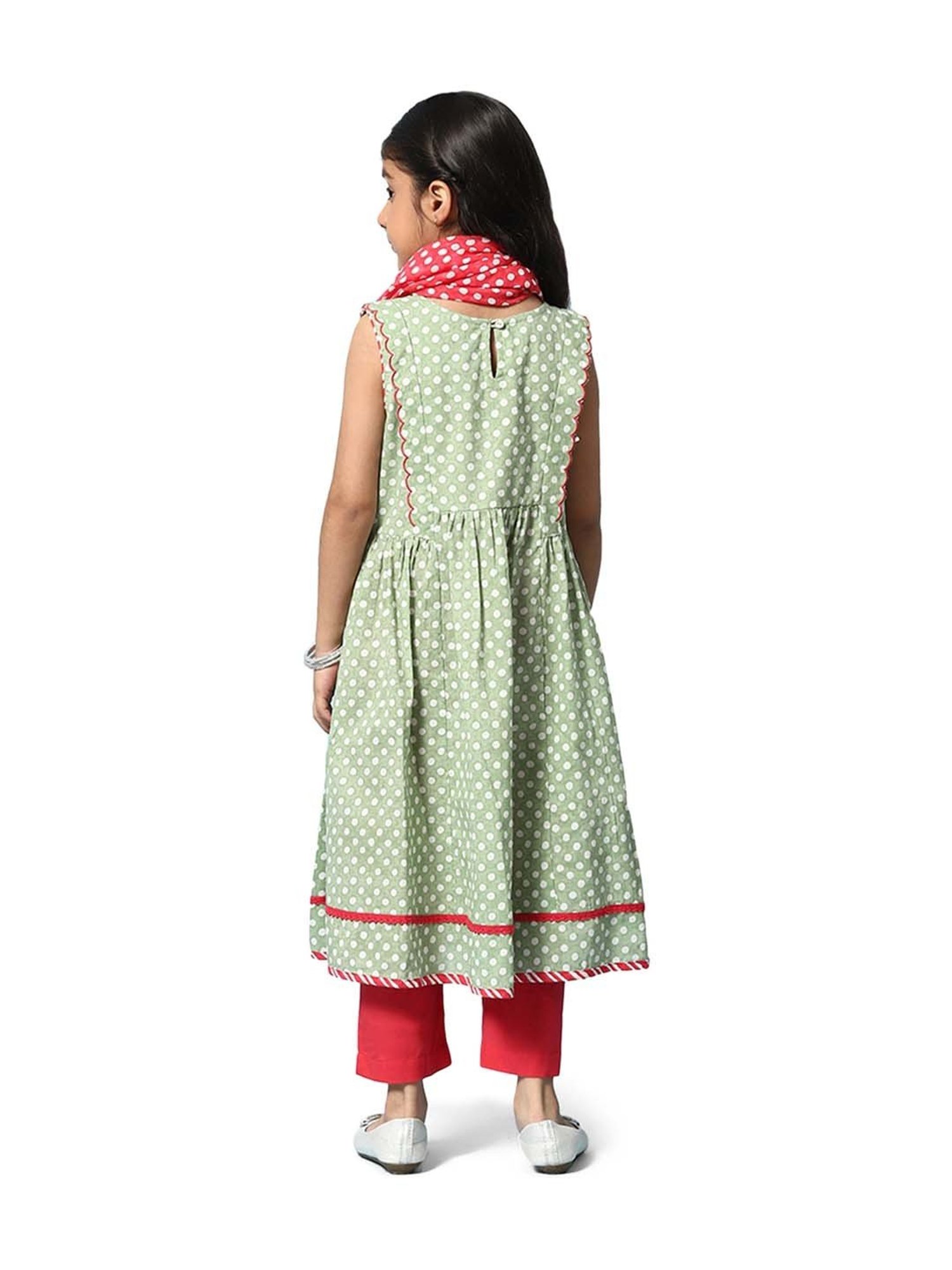 BIBA Girls Green & Red Cotton Printed Kurta Set