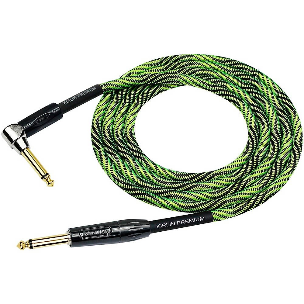 KIRLIN IWB Black/Green Woven Instrument Cable 1/4" Straight to Right Angle 10 ft.