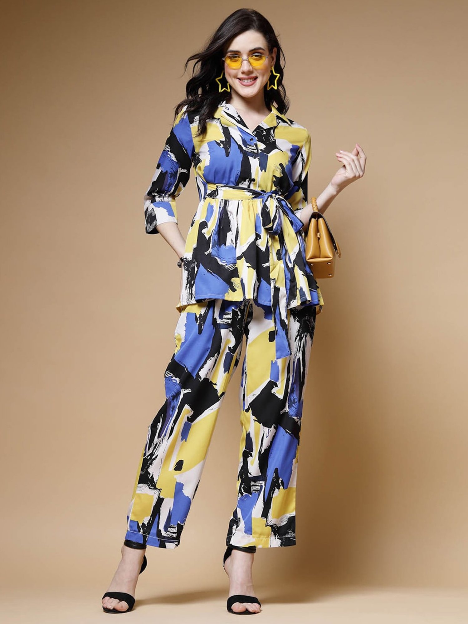 Melon by PlusS Multicolored Printed Shirt Pant Set With Waist Belt