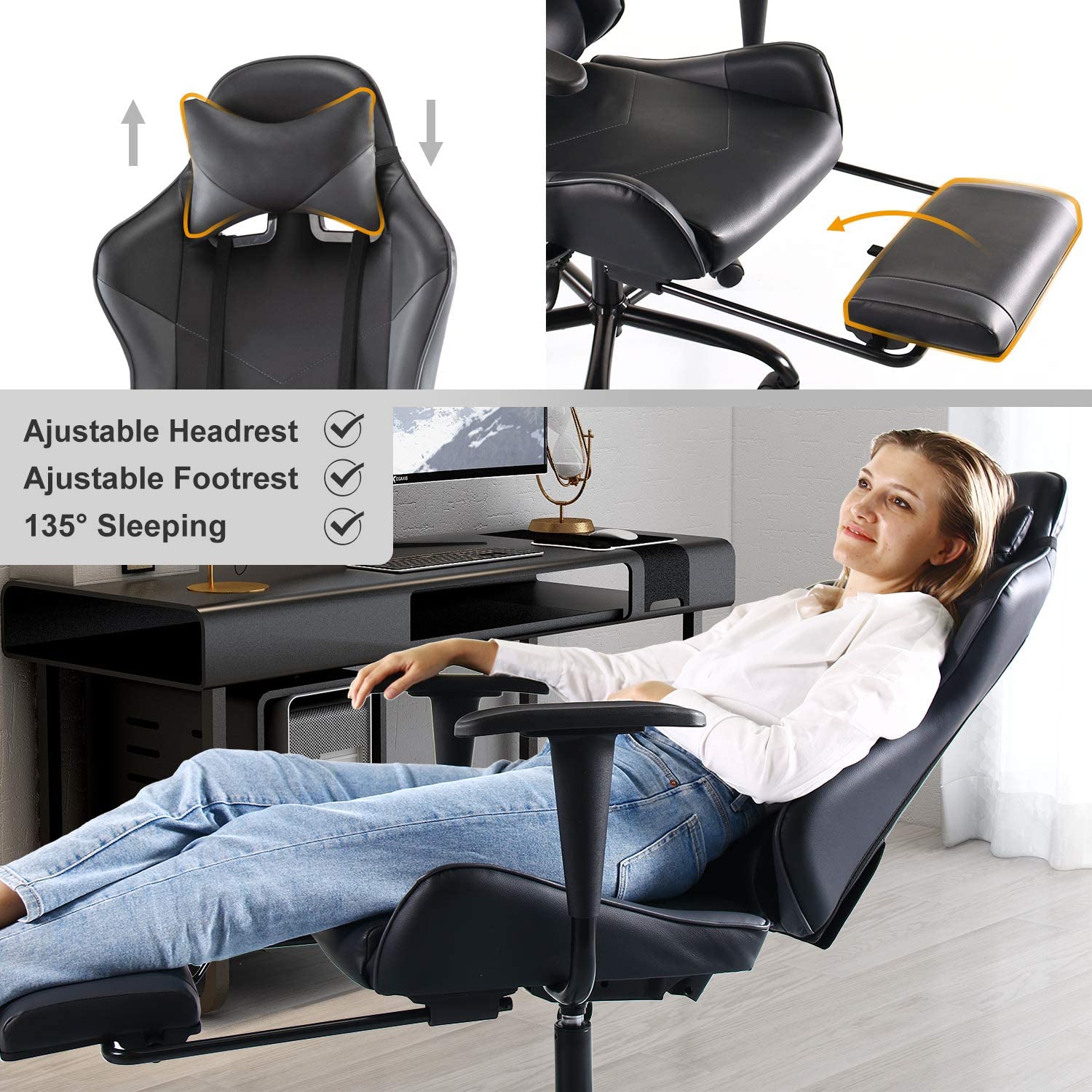 SMUGDESK Gaming Chair with Footrest Racing Style Recliner with Lumbar Support, Ergonomic Office Armchair for Computer PU Leather High Back Desk Chair Headrest Swivel Rocking Desk Chair, Blue