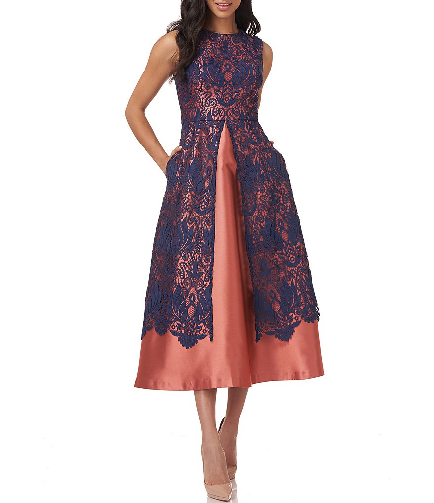 Kay Unger Crew Neck Sleeveless Claudia Twill and Lace Tea Length Dress