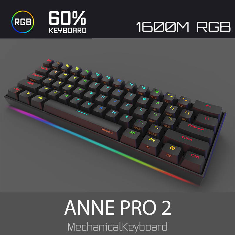 CUUWE ANNE PRO 2, 60% Wired/Wireless Mechanical Keyboard  - Full Keys Programmable - True RGB Backlit - Tap Arrow Keys - Double Shot PBT Keycaps - NKRO - 1900mAh Battery