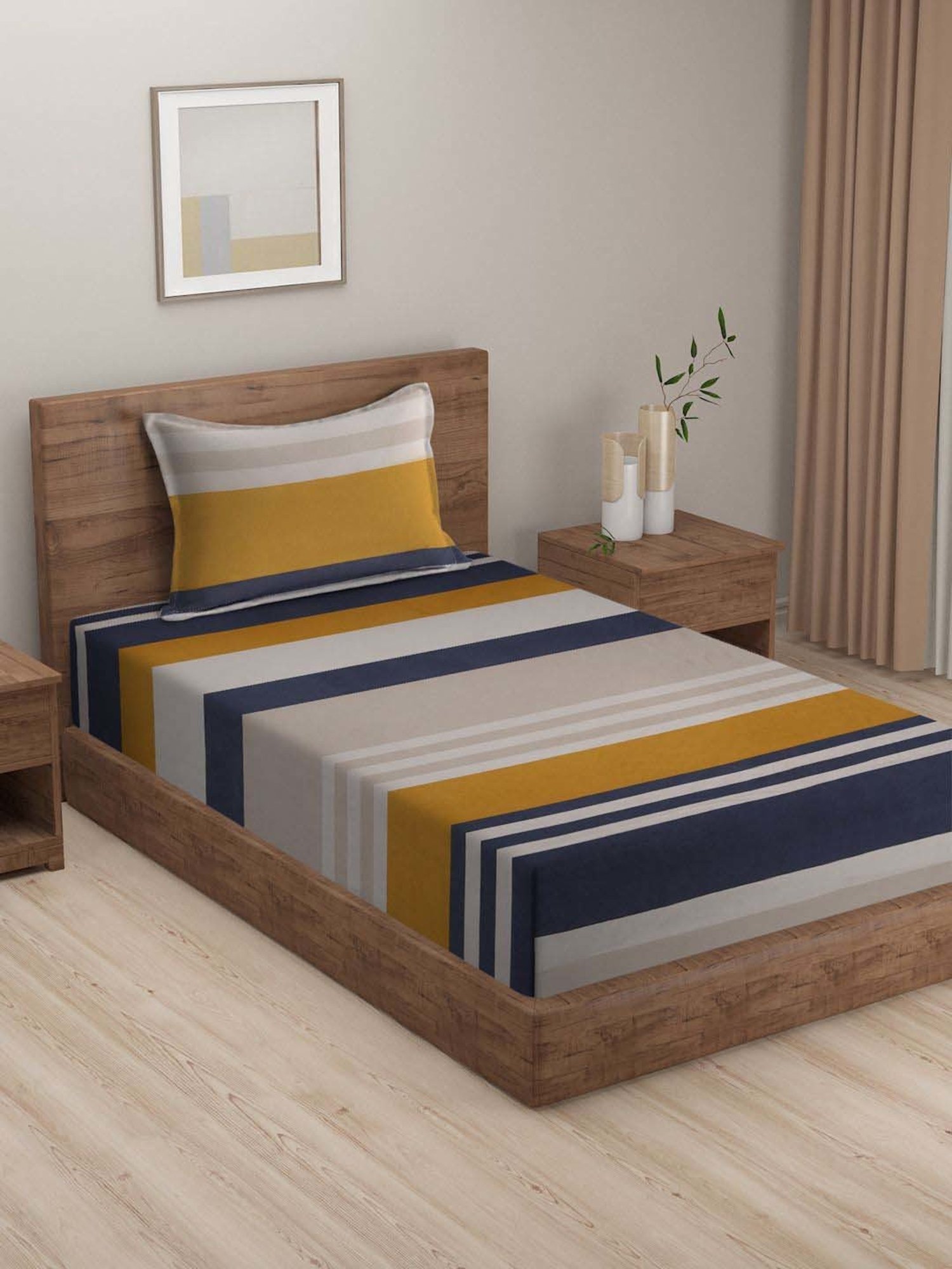 HOSTA HOMES Multi Color Cotton 280 TC Single Bedsheet with 1 Pillow cover