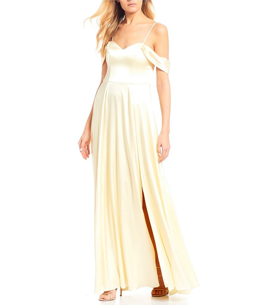Sequin Hearts Off-The-Shoulder Satin Lace-Up-Back Side Slit Long Dress