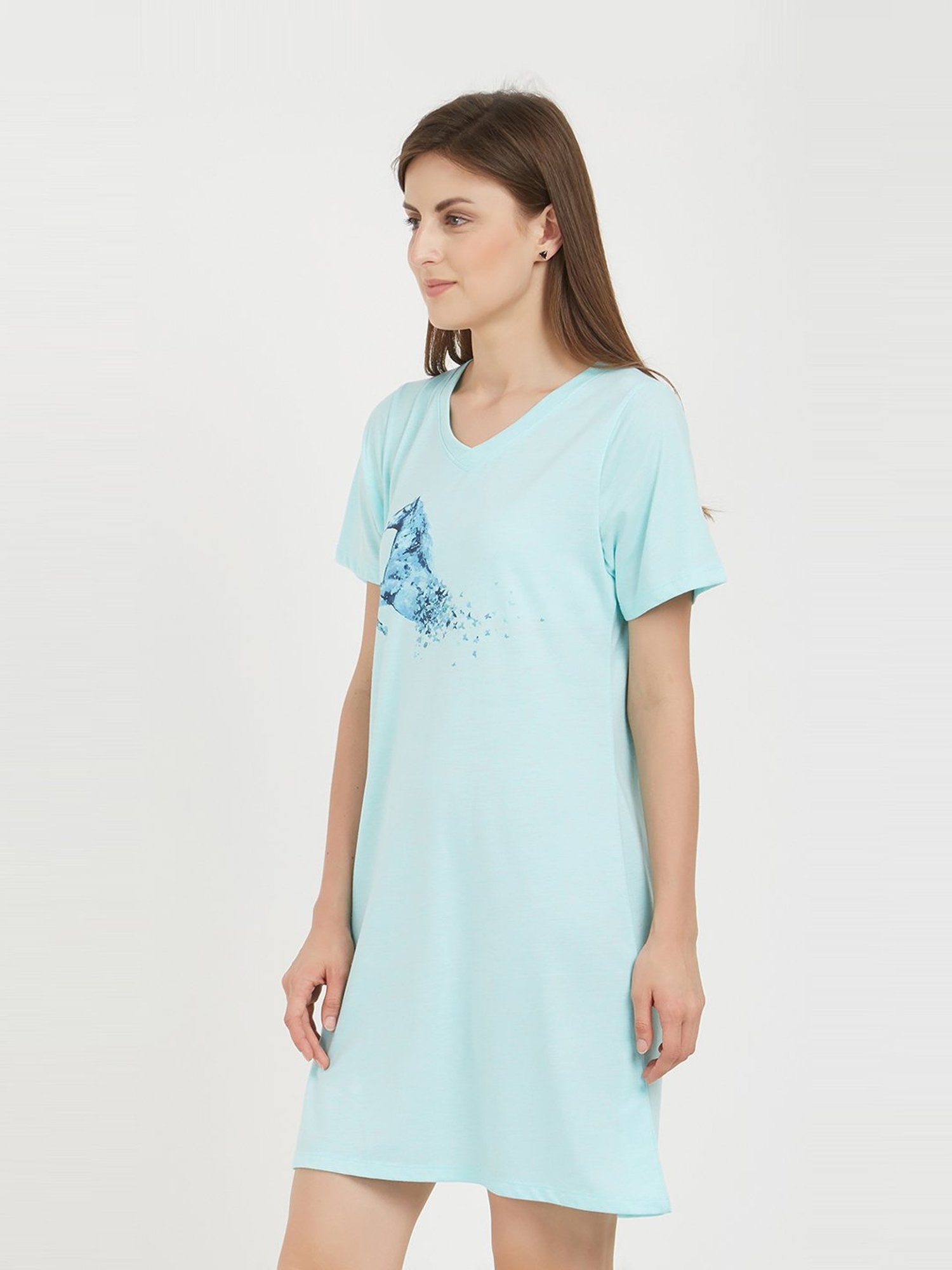 Soie Sky Blue Cotton Printed Sleep T-Shirt