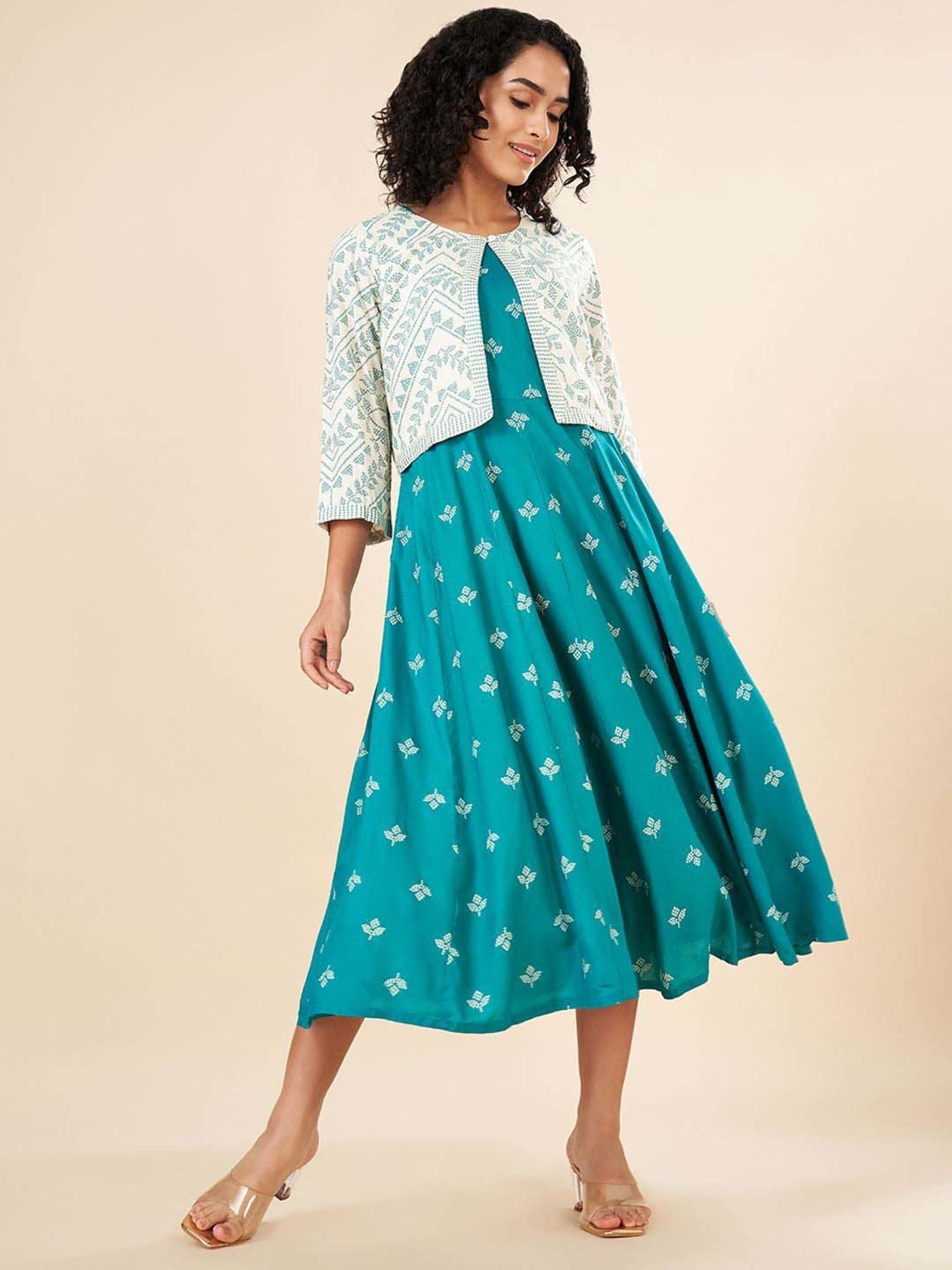Rangmanch by Pantaloons Blue Printed A-Line Dress With Jacket