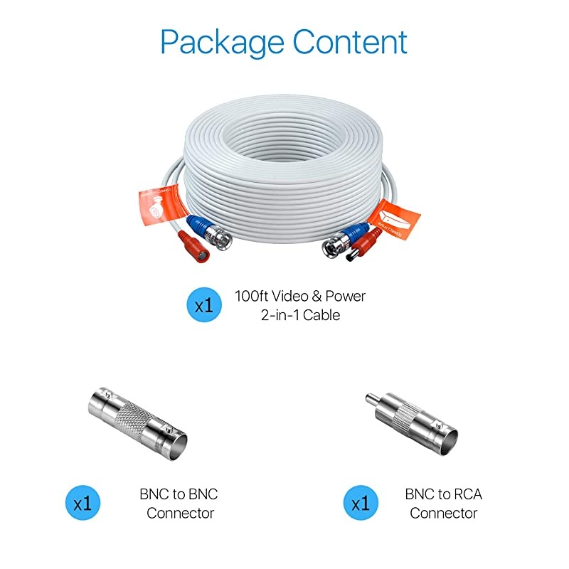 1 Pack 100ft 30 Meters 2in1 Video Power Cable BNC Extension Surveillance Camera Cables for Video Security Systems Included 1X BNC Connectors and 1X RCA AdaptersWhite Color