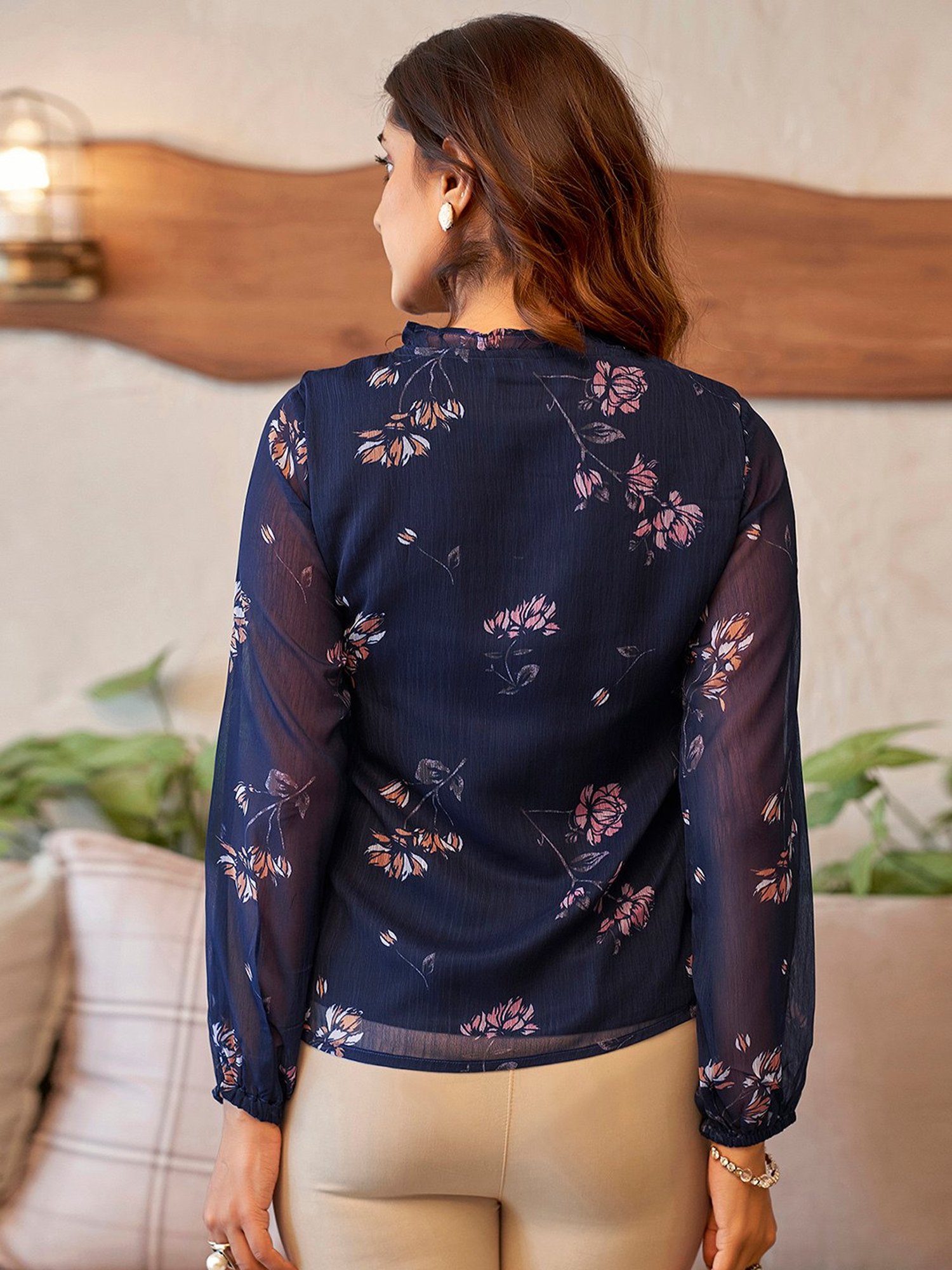 SELVIA Navy Floral Print Top